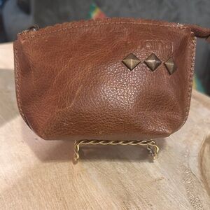 Brown Textured Leather Cosmetic Case with Metal Studs